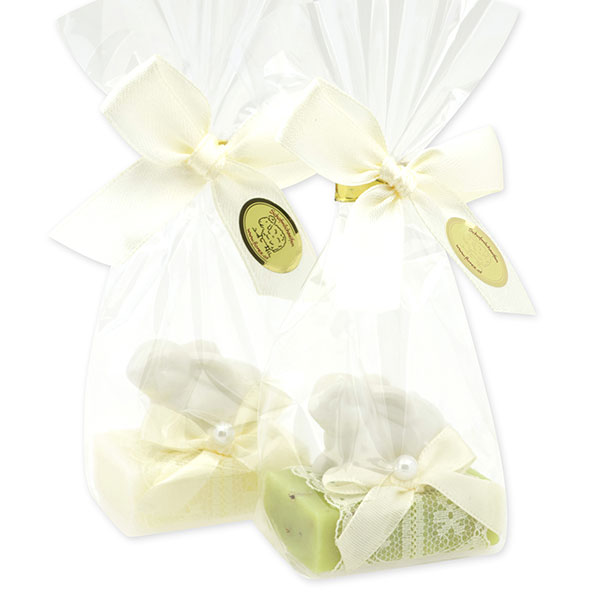 Schafmilchseife Gästeseife 25g dekoriert mit Hase in Cello, Classic/Eisenkraut 