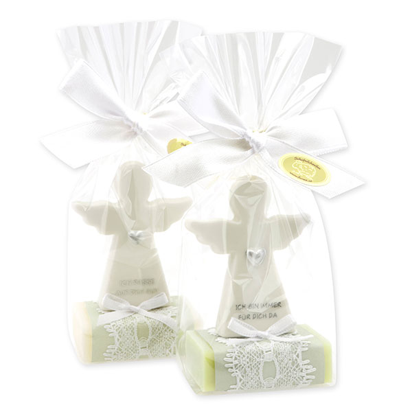 Schafmilchseife eckig 25g dekoriert mit Schutzengel mit Herz in Cello, Classic/Wiesenblume 