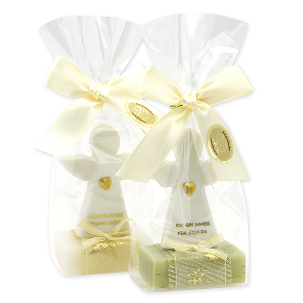 Sheep milk soap square 25g decorated with guardian angel with heart in a cellophane bag, Classic/Verbena 