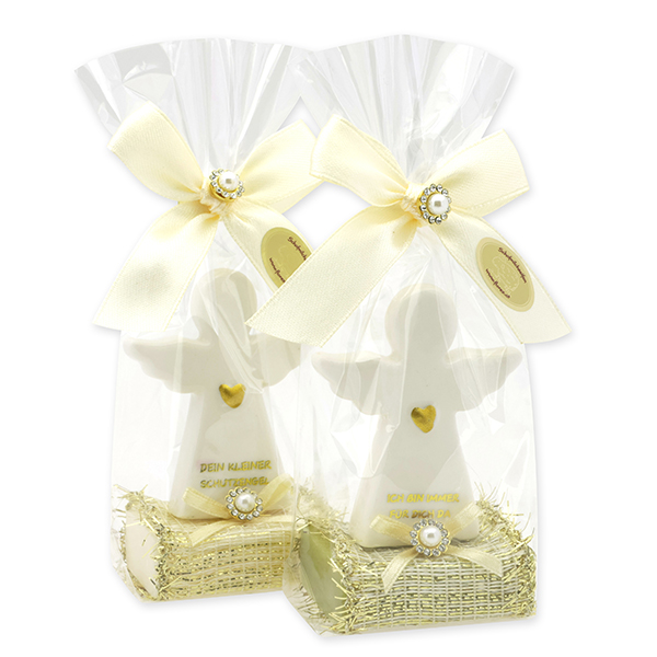 Sheep milk soap square 25g decorated with guardian angel with heart in a cellophane bag, Classic/Verbena 