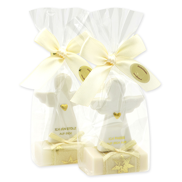 Schafmilchseife eckig 25g dekoriert mit Schutzengel mit Herz in Cello, Classic/Schneerose 