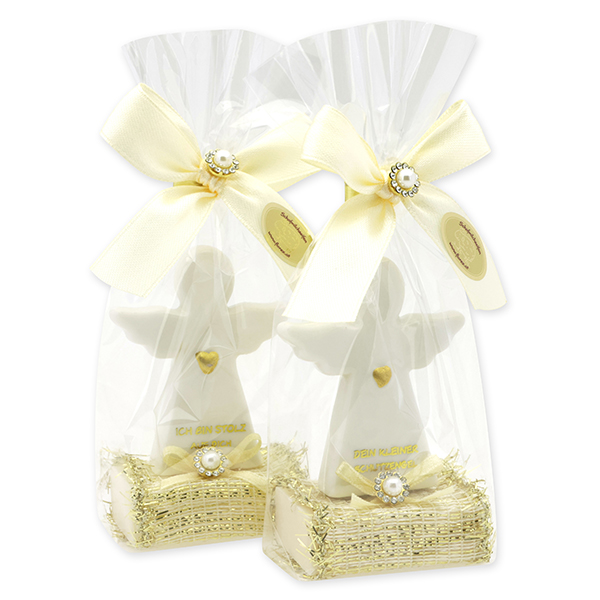 Sheep milk soap square 25g decorated with guardian angel with heart in a cellophane bag, Classic/Christmas rose white 