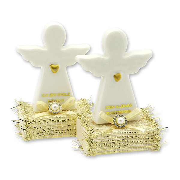 Sheep milk soap square 25g decorated with guardian angel with heart, Classic/Christmas rose white 