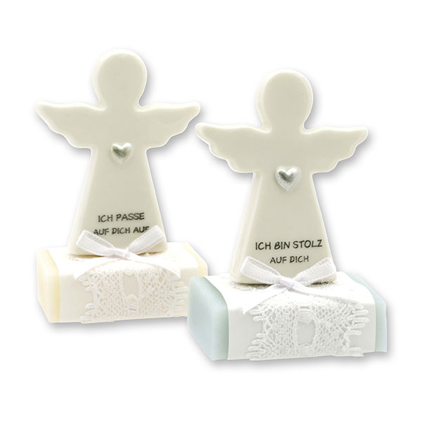 Sheep milk soap square 25g decorated with guardian angel with heart, Classic/Forget-me-not 