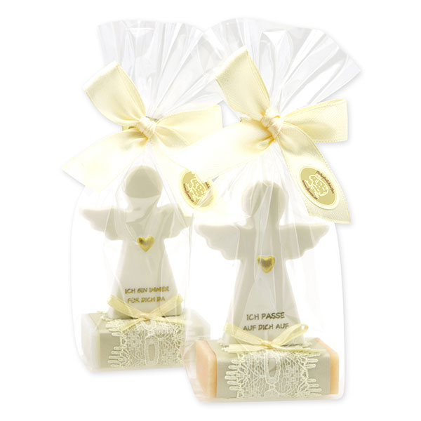 Sheep milk soap square 25g decorated with guardian angel with heart in a cellophane bag, Classic/Swiss pine 