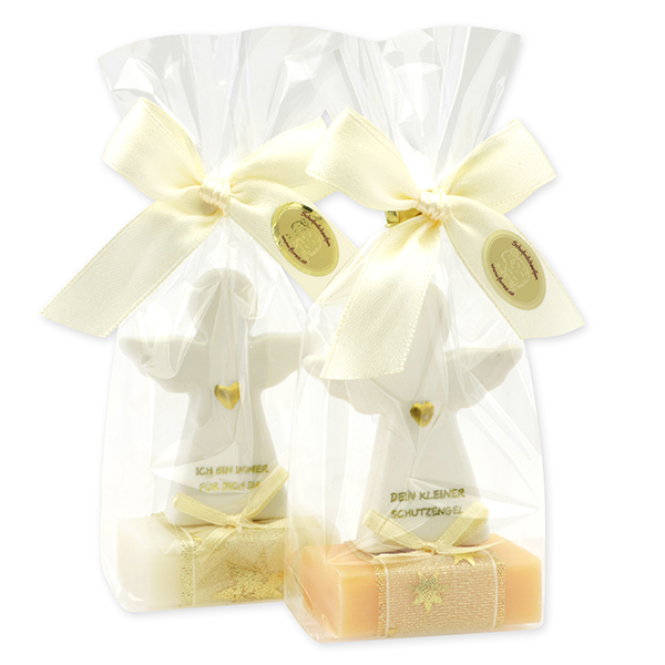 Sheep milk soap square 25g decorated with guardian angel with heart in a cellophane bag, Classic/Swiss pine 