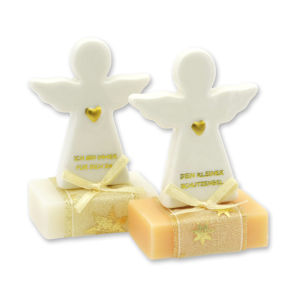 Sheep milk soap square 25g decorated with guardian angel with heart, Classic/Swiss pine 