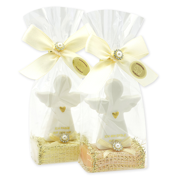 Sheep milk soap square 25g decorated with guardian angel with heart in a cellophane bag, Classic/Swiss pine 