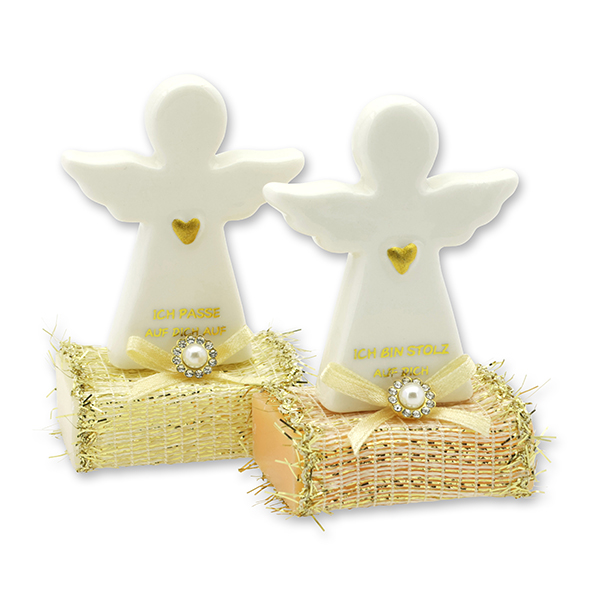 Sheep milk soap square 25g decorated with guardian angel with heart, Classic/Swiss pine 