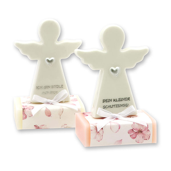 Sheep milk soap square 25g decorated with guardian angel with heart, Classic/Jasmine 