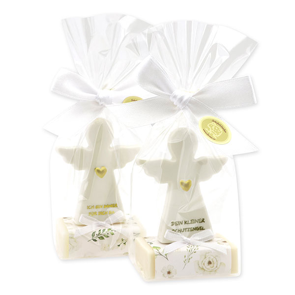 Sheep milk soap square 25g decorated with guardian angel with heart in a cellophane bag, Classic/Christmas rose white 