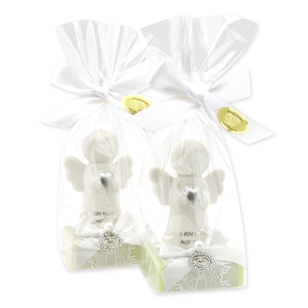 Sheep milk soap square 35g decorated with guardian angel with heart in a cellophane bag, Classic/Meadow flower 