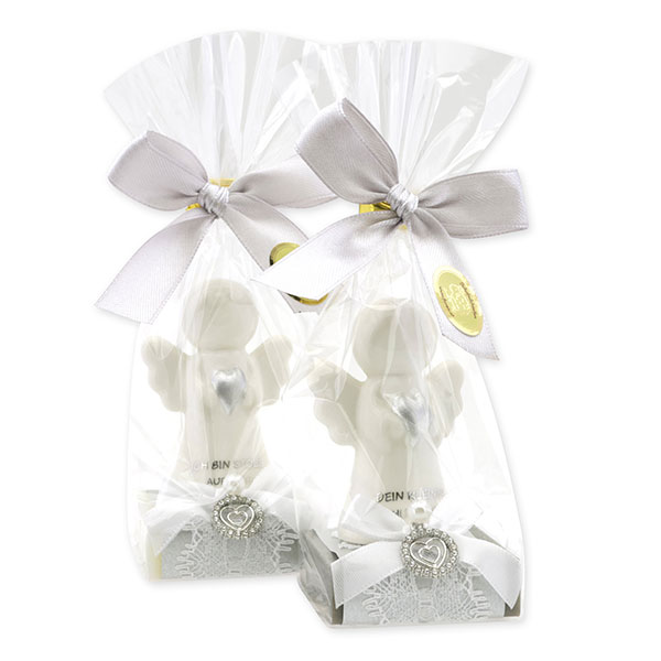 Schafmilchseife eckig 35g dekoriert mit Schutzengel mit Herz in Cello, Classic/Christrose 