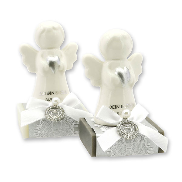 Sheep milk soap square 35g decorated with guardian angel with heart, Classic/Christmas rose 