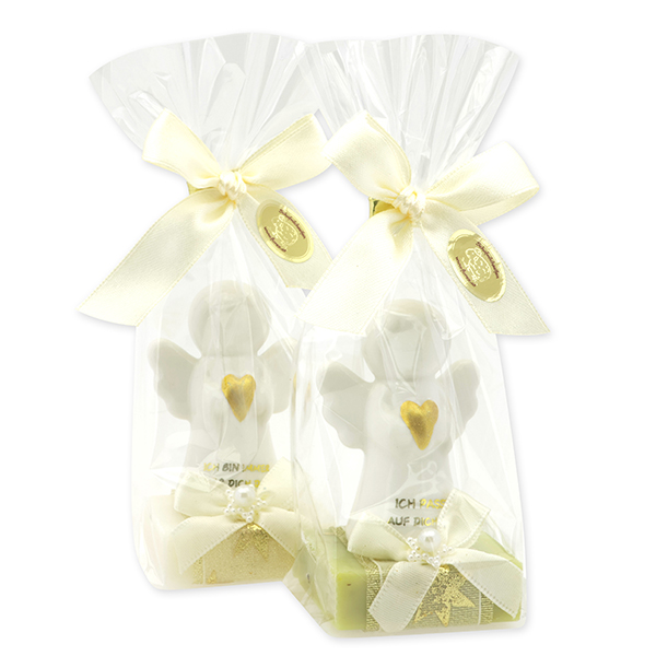 Schafmilchseife eckig 35g dekoriert mit Schutzengel mit Herz in Cello, Classic/Eisenkraut 