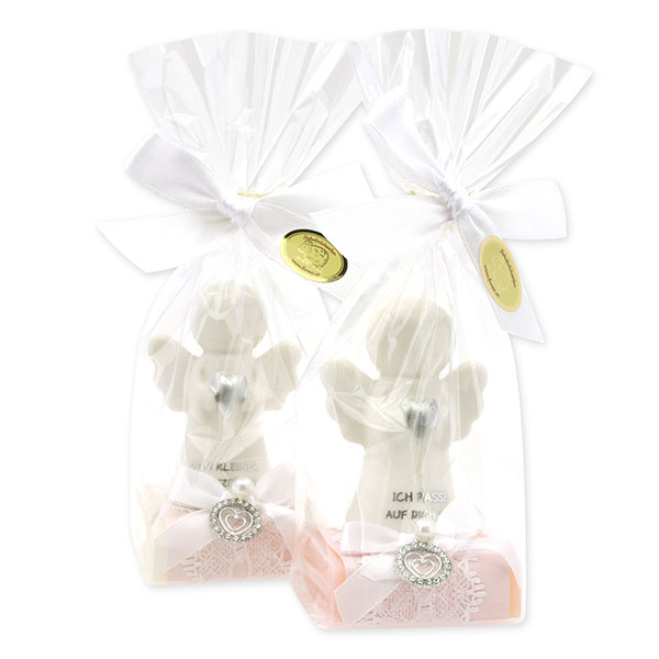 Sheep milk soap square 35g decorated with guardian angel with heart in a cellophane bag, Classic/Jasmine 