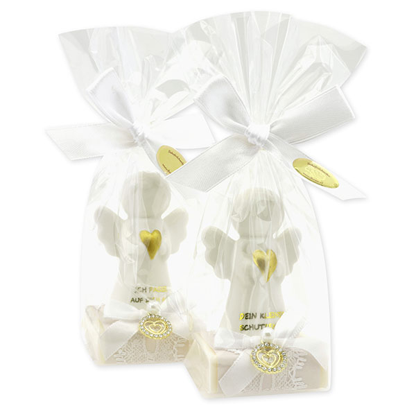 Sheep milk soap square 35g decorated with guardian angel with heart in a cellophane bag, Classic/Christmas rose white 