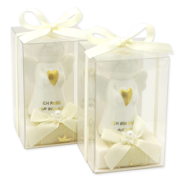 Schafmilchseife eckig 35g dekoriert mit Schutzengel mit Herz in Cellobox, Classic/Schneerose 