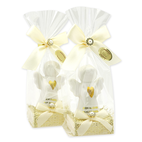 Schafmilchseife eckig 35g dekoriert mit Schutzengel mit Herz in Cello, Classic/Schneerose 