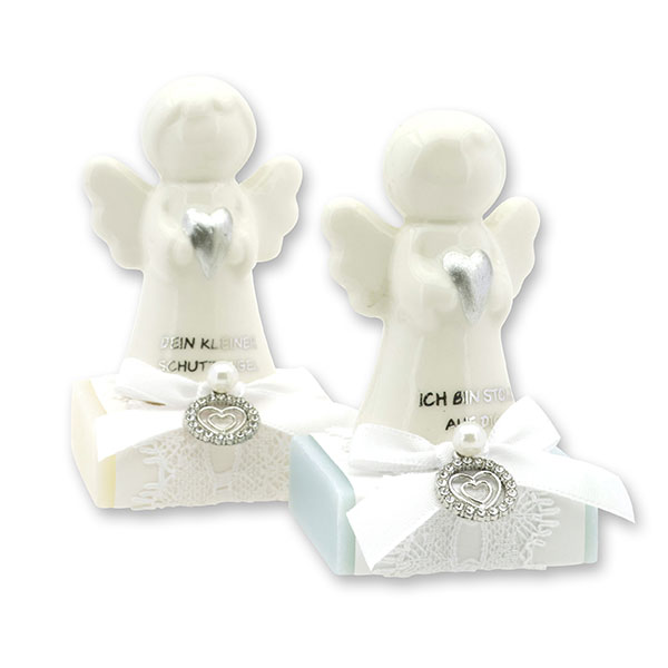 Schafmilchseife eckig 35g dekoriert mit Schutzengel mit Herz, Classic/Vergissmeinnicht 