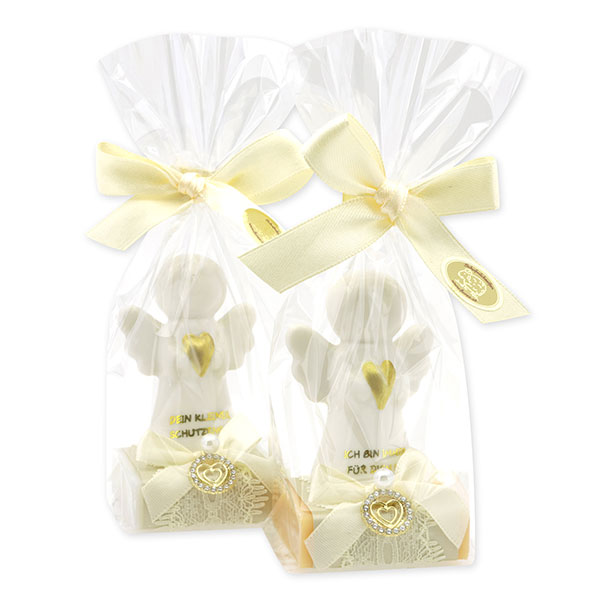 Sheep milk soap square 35g decorated with guardian angel with heart in a cellophane bag, Classic/Swiss pine 