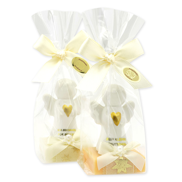 Sheep milk soap square 35g decorated with guardian angel with heart in a cellophane bag, Classic/Swiss pine 