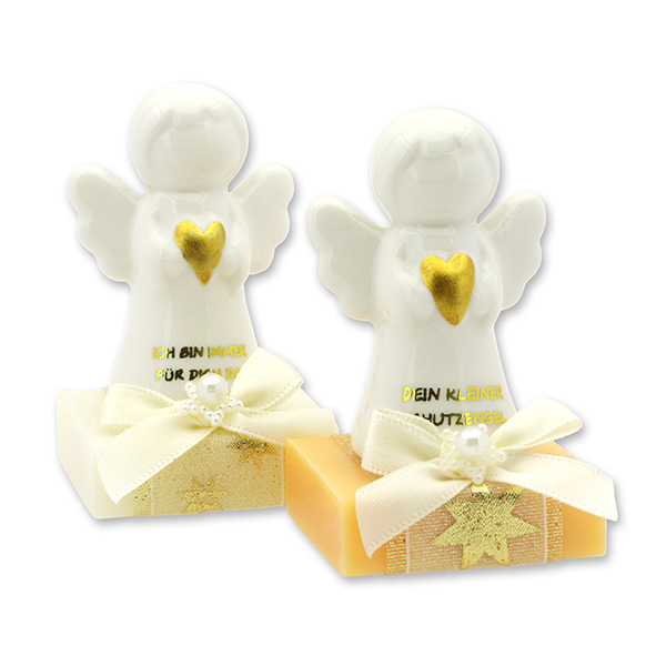 Sheep milk soap square 35g decorated with guardian angel with heart, Classic/Swiss pine 