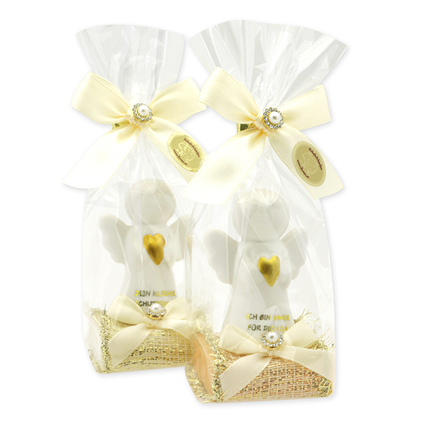 Sheep milk soap square 35g decorated with guardian angel with heart in a cellophane bag, Classic/Swiss pine 