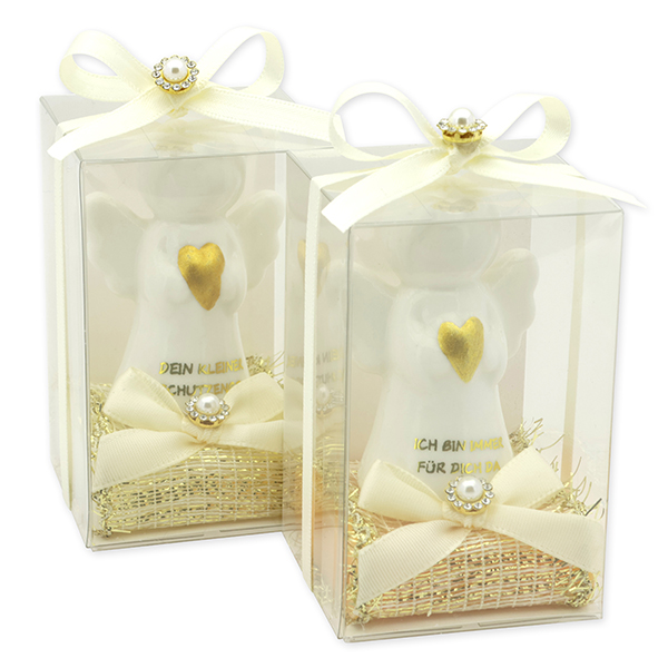Sheep milk soap square 35g decorated with guardian angel with heart in a cellophane box, Classic/Swiss pine 