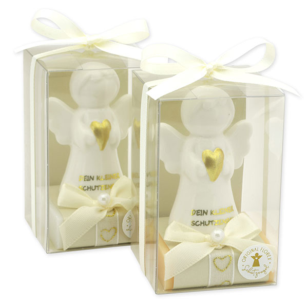 Sheep milk soap square 35g decorated with guardian angel with heart in a cellophane box, Classic/Swiss pine 