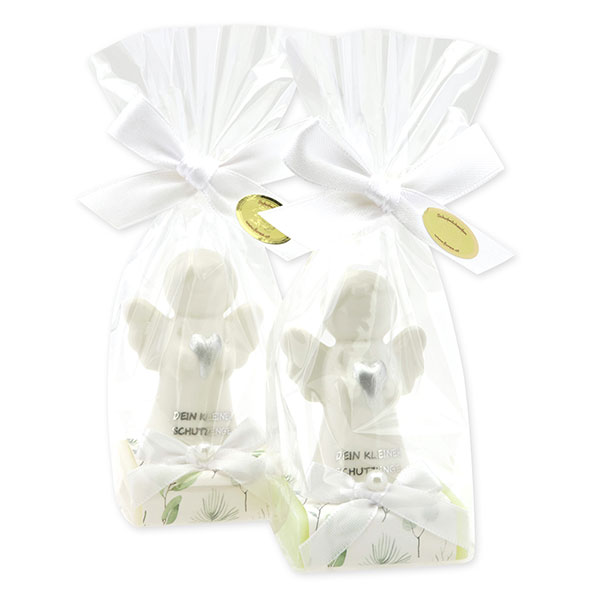 Schafmilchseife eckig 35g dekoriert mit Schutzengel mit Herz in Cello, Classic/Wiesenblume 