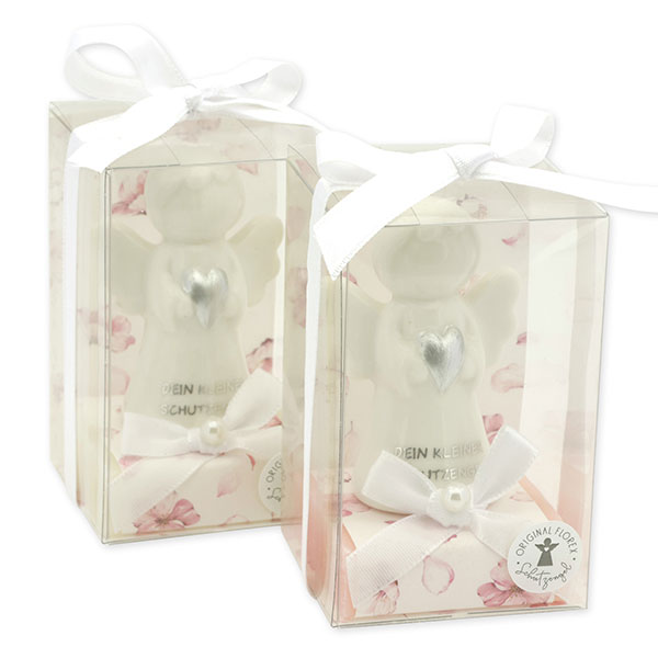 Sheep milk soap square 35g decorated with guardian angel with heart in a cellophane box, Classic/Jasmine 