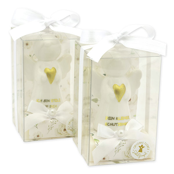 Sheep milk soap square 35g decorated with guardian angel with heart in a cellophane box, Classic/Christmas rose white 
