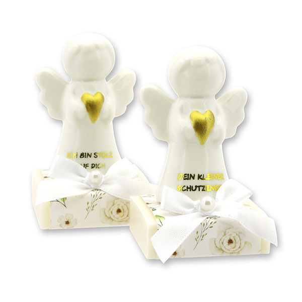 Schafmilchseife eckig 35g dekoriert mit Schutzengel mit Herz, Classic/Schneerose 