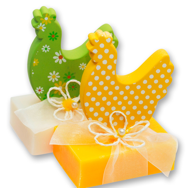 Sheep milk soap 150g, decorated with a wooden hen, Classic/sunflower 