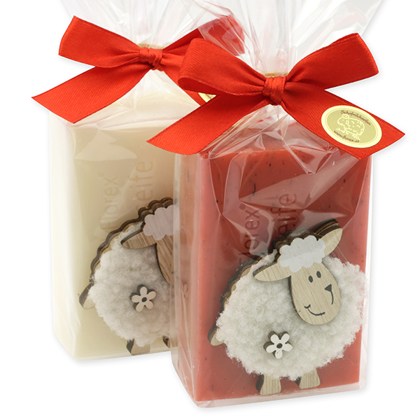 Sheep milk soap 150g decorated with a sheep in a cellophane, Classic/rose with petals 