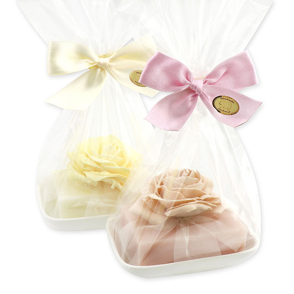 Sheep milk soap 150g on soap dish decorated with a rose in a cellophane, Classic/magnolia 