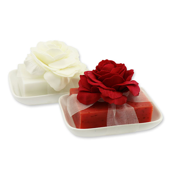 Sheep milk soap 150g on soap dish decorated with a rose, Christmas rose/rose with petals 