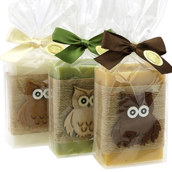 Sheep milk soap 150g decorated with an owl in a cellophane, sorted 