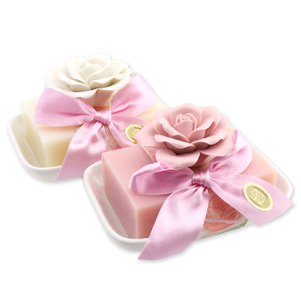 Sheep milk soap 150g decorated on soap dish with a rose, Classic/magnolia 