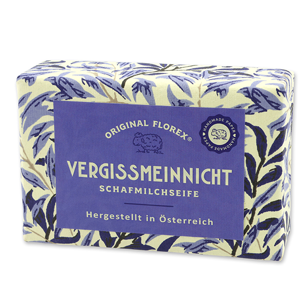 Schafmilchseife eckig 150g, "Handmade Paper" Vergissmeinnicht 