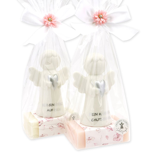 Schafmilchseife eckig 150g dekoriert mit Schutzengel mit Herz in Cello, Classic/Jasmin 