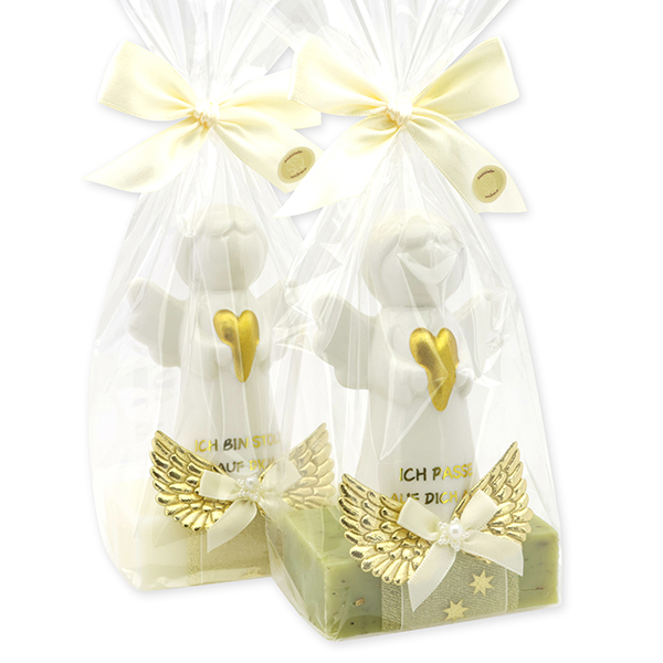 Schafmilchseife eckig 150g dekoriert mit Schutzengel mit Herz in Cello, Classic/Eisenkraut 