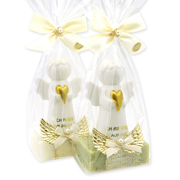 Sheep milk soap square 150g decorated with guardian angel with heart in a cellophane bag, Classic/Verbena 