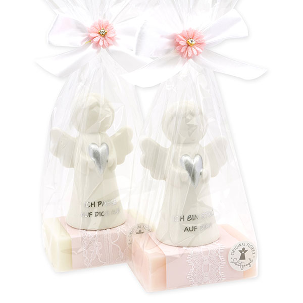 Sheep milk soap square 150g decorated with guardian angel with heart in a cellophane bag, Classic/Jasmine 