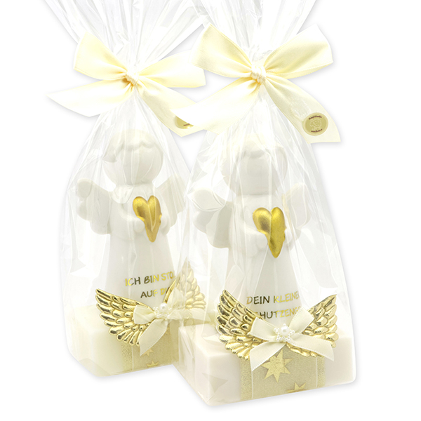 Sheep milk soap square 150g decorated with guardian angel with heart in a cellophane bag, Classic/Christmas rose white 