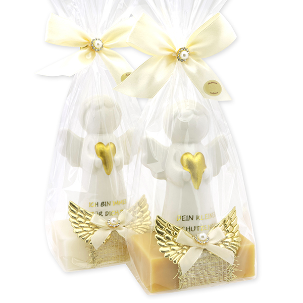 Sheep milk soap square 150g decorated with guardian angel with heart in a cellophane bag, Classic/Swiss pine 