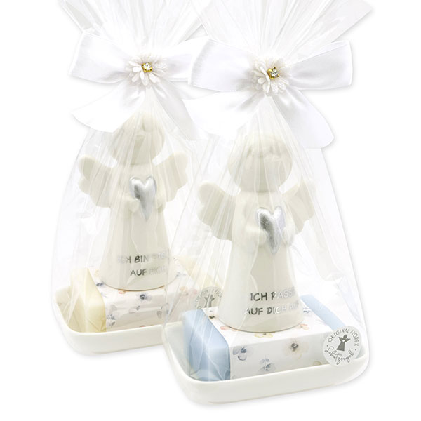 Sheep milk soap square 150g on a soap dish decorated with guardian angel with heart in a cellophane bag, Classic/Forget-me-not 