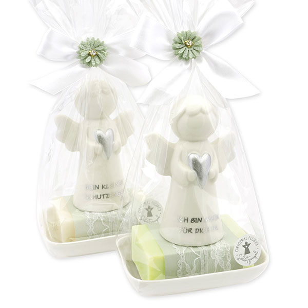 Schafmilchseife eckig 150g auf Seifenschale dekoriert mit Schutzengel mit Herz in Cello, Classic/Wiesenblume 