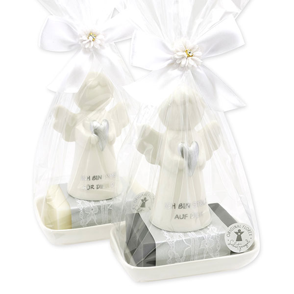 Schafmilchseife eckig 150g auf Seifenschale dekoriert mit Schutzengel mit Herz in Cello, Classic/Christrose 